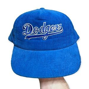 RARE Vintage Los Angeles Dodgers Sports Script Hat Cord Corduroy Snapback Blue.